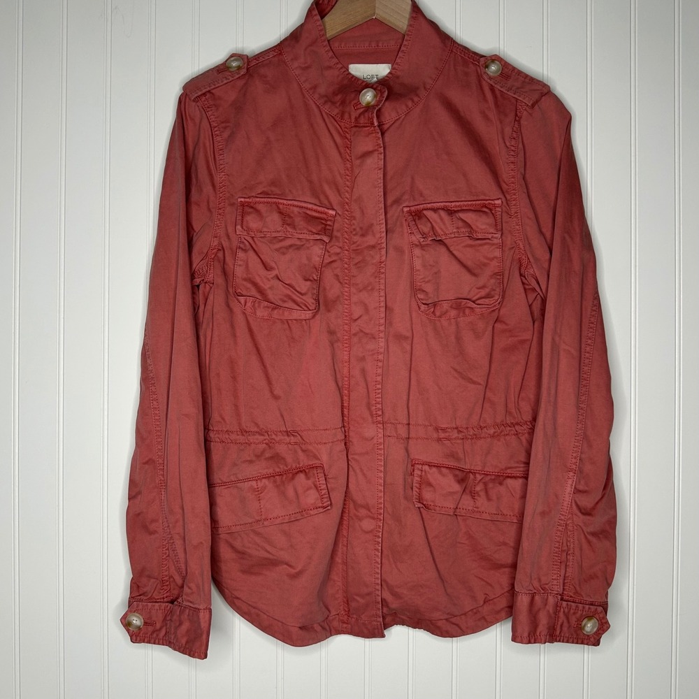 LOFT Womens Utility Jacket M Coral Pink Cotton Field Military Safari Lightweight